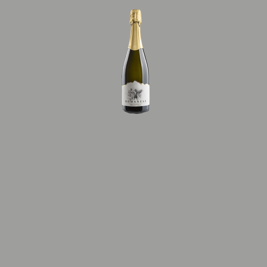 Fles Romanese Trentodoc mousserende wijn met gouden foil en een elegante witte label, perfect voor speciale gelegenheden.